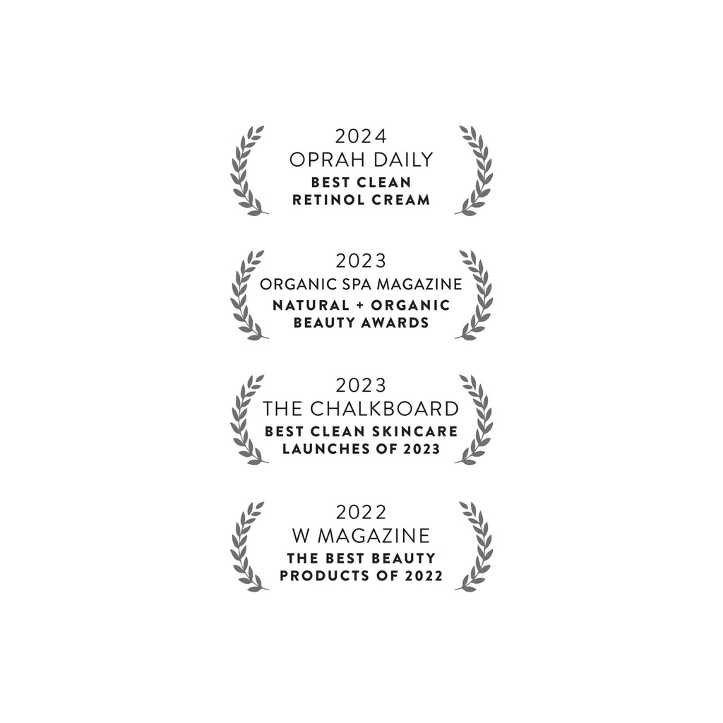 Six award logos for beauty products, featuring laurel wreath designs and text indicating various accolades from 2022 and 2023.
