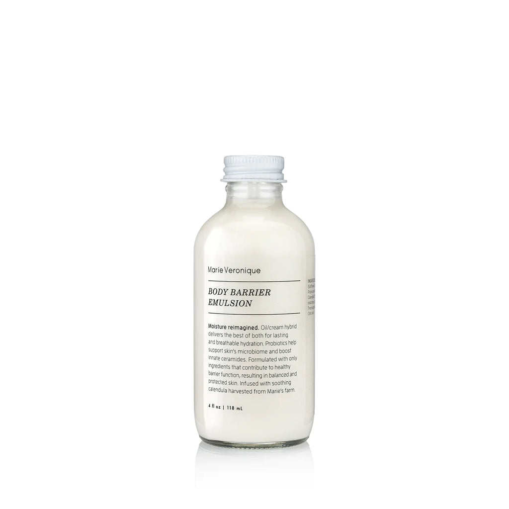 A bottle of Marie Veronique Body Barrier Emulsion, offering exceptional hydration, on a white background.