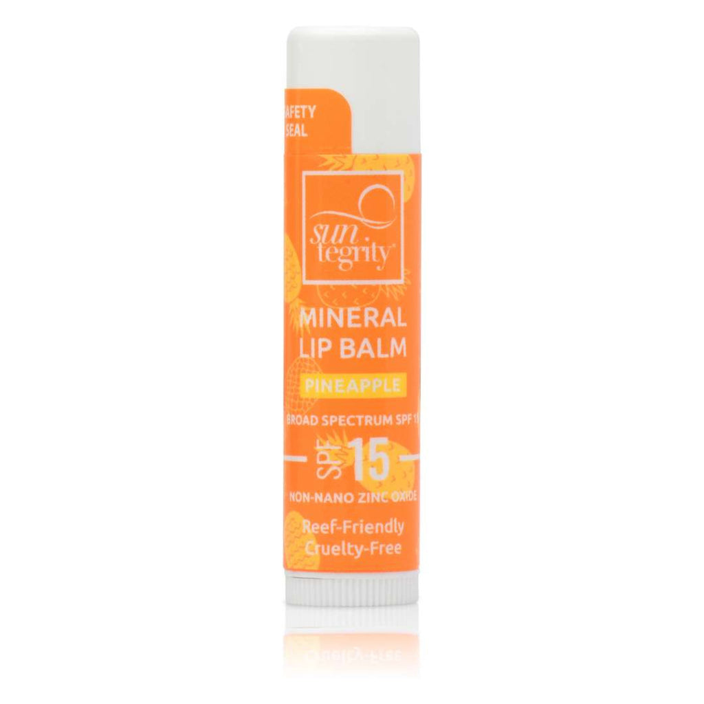 An spf 15 mineral lip balm with pineapple flavor, highlighting its reef-friendly and cruelty-free properties.