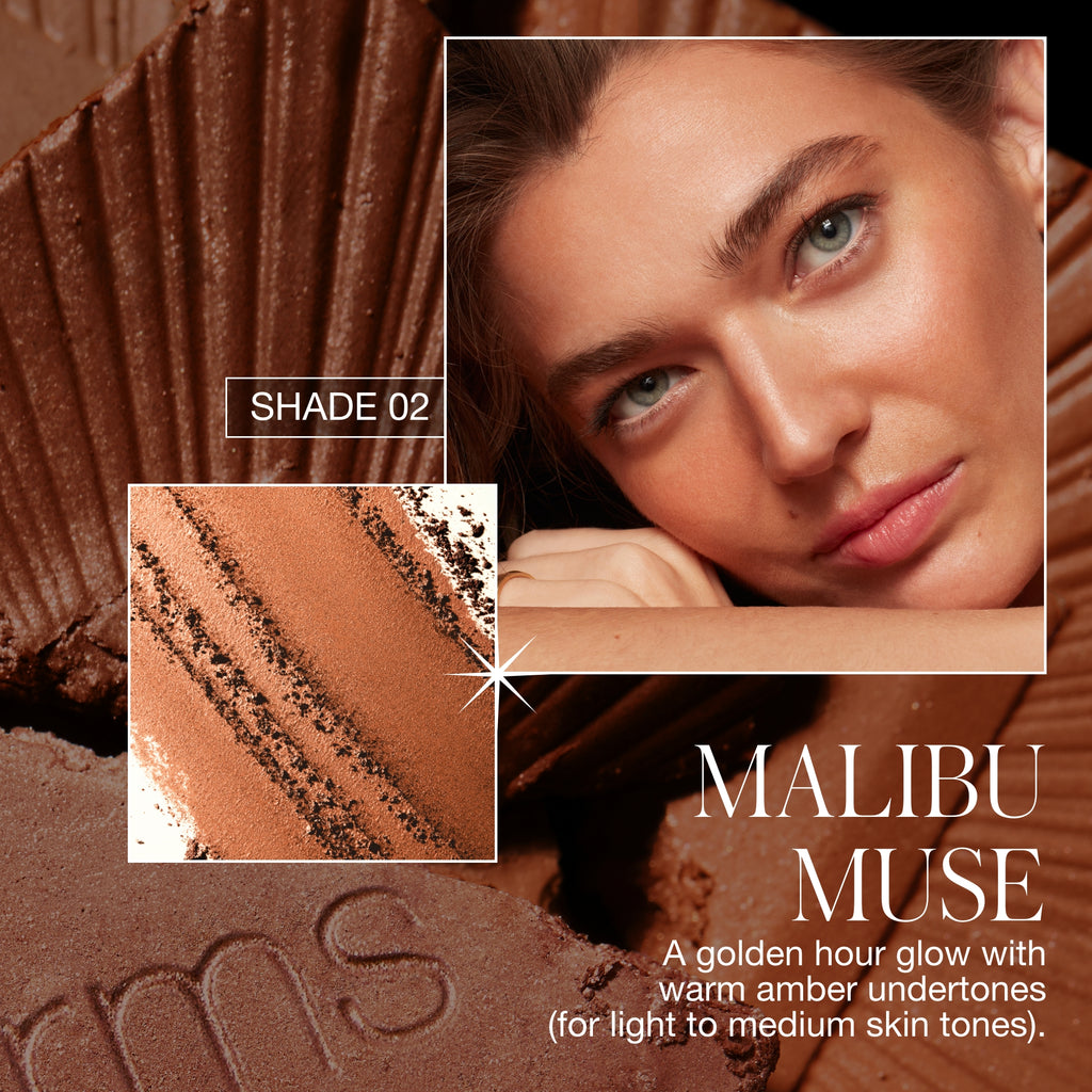 Cosmetic advertisement featuring a close-up of a woman showcasing bronzer with a golden amber glow, suitable for light to medium skin tones.