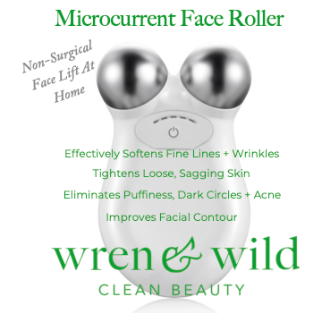Microcurrent facial tool advertised for skin tightening and improving facial imperfections.