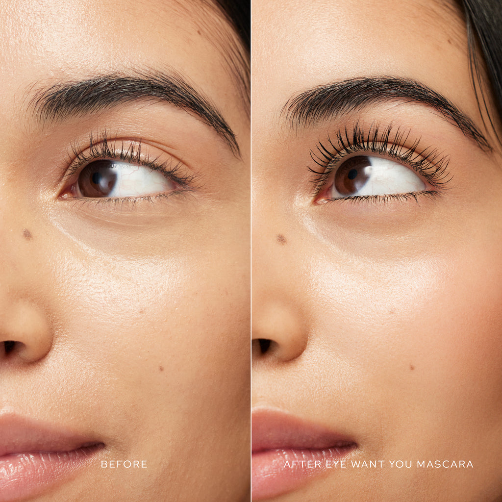 Close-up comparison of a person's eyes before and after applying mascara.
