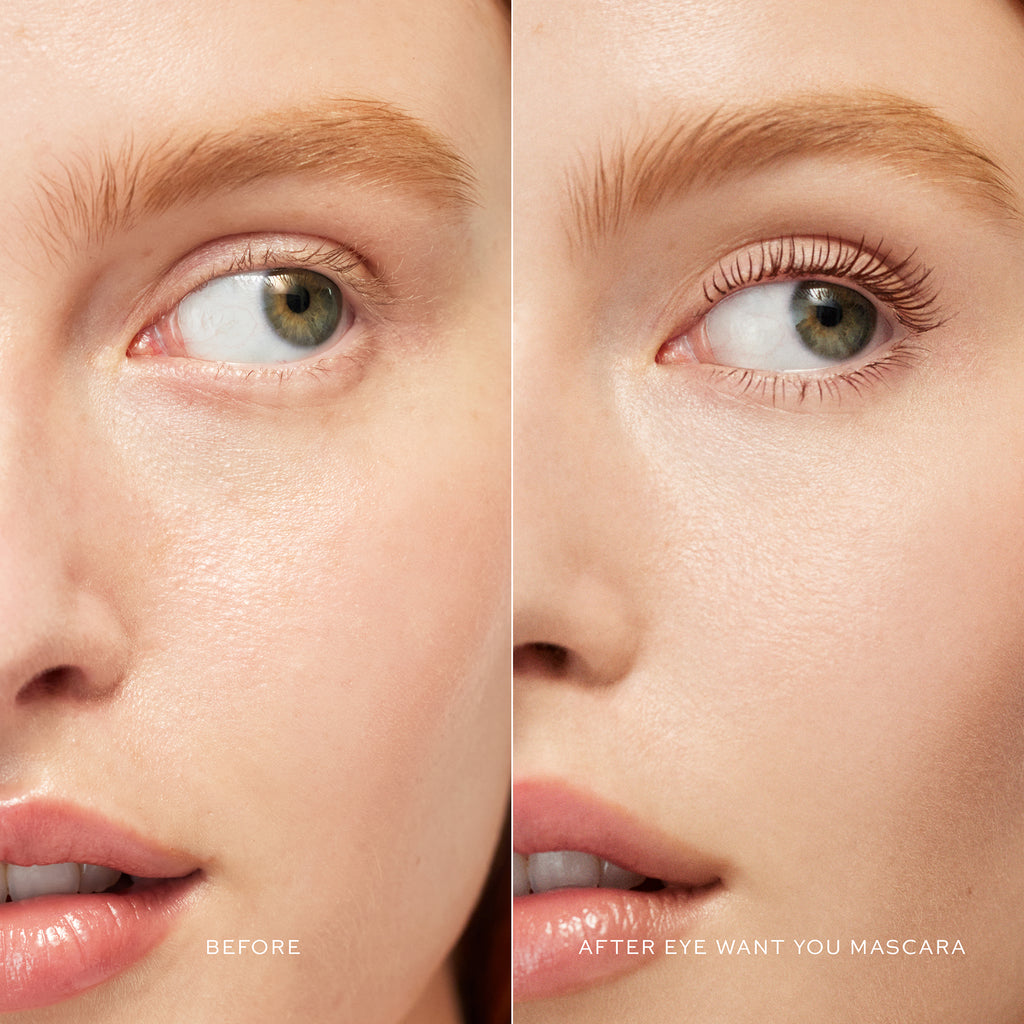 Close-up comparison of a person's eye before and after applying mascara.