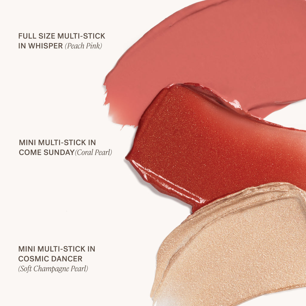 Three multi-stick makeup products displayed in peach pink, coral pearl, and soft champagne swatches.