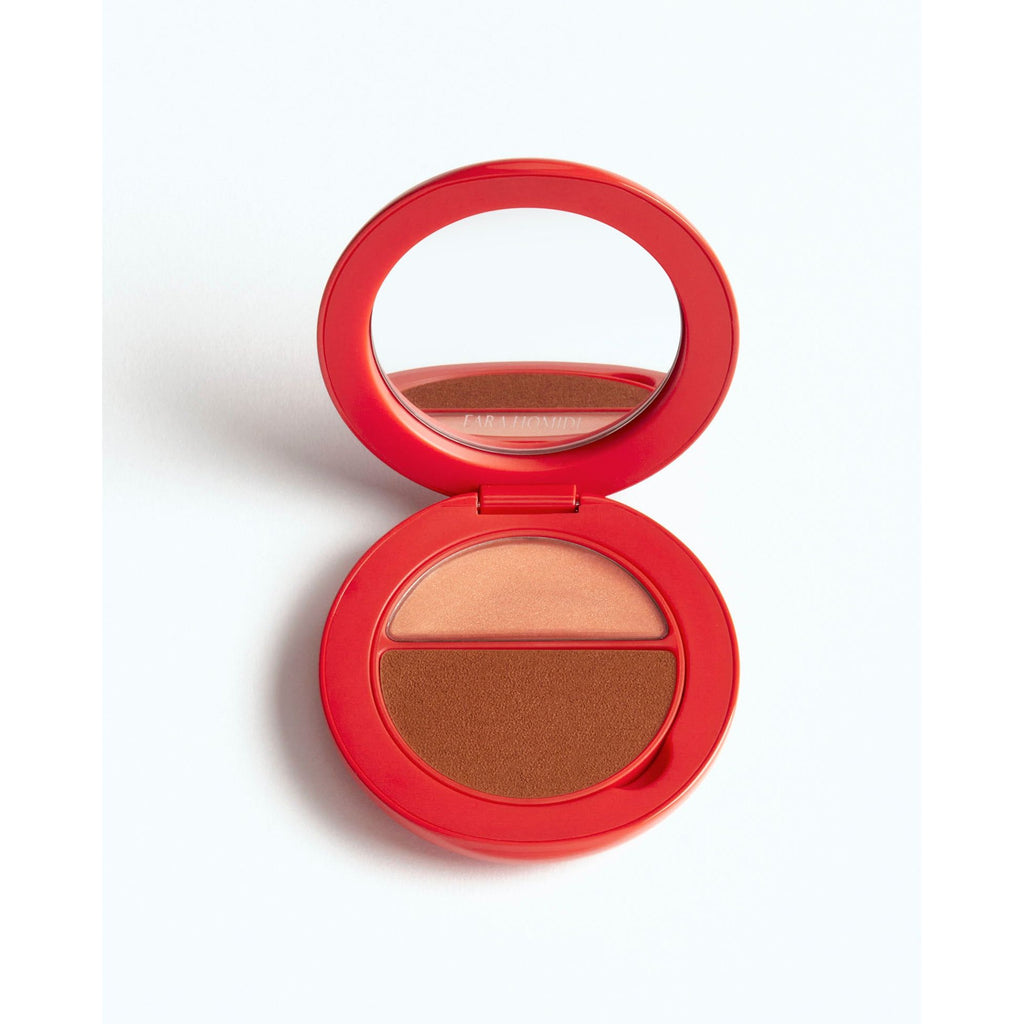 Red compact with bronzer and highlighter makeup palette.