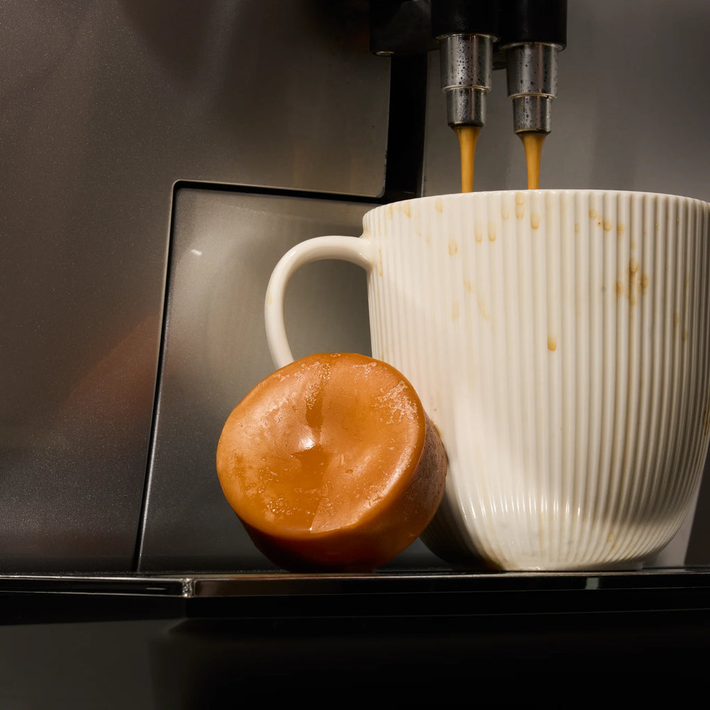 The NOTICE HAIR CO. SEATTLE Conditioner Bar sits elegantly beside a glazed doughnut, invitingly complementing the charm of a comforting pumpkin spice latte being poured into a white mug.