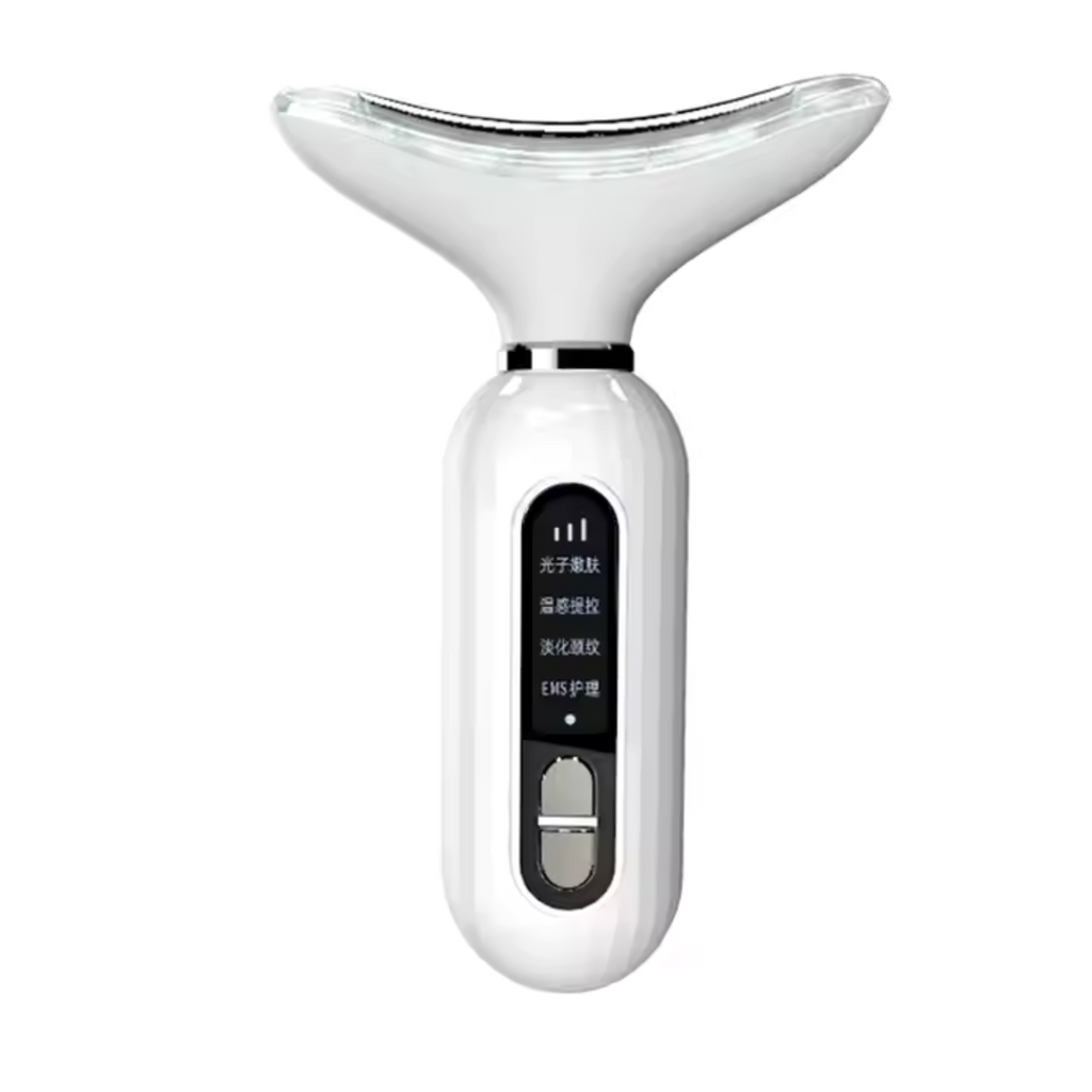 Introducing the Wren and Wild Face, Neck and Décolleté Light Wave Vibration Beauty Tool: a handheld device featuring a sleek white body, curved head, and digital display. Designed to tighten and lift skin, its intuitive buttons on the handle make it effortless to effectively reduce wrinkles.