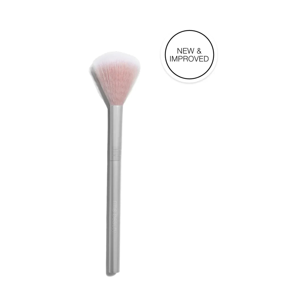 A new and improved cosmetic brush with a silver handle and soft pink bristles.