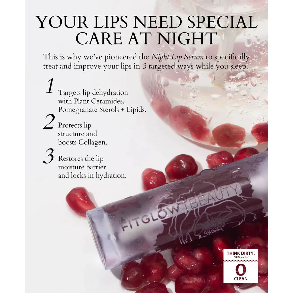 Advertisement for a lip treatment product highlighting three key benefits with pomegranate seeds in the background.