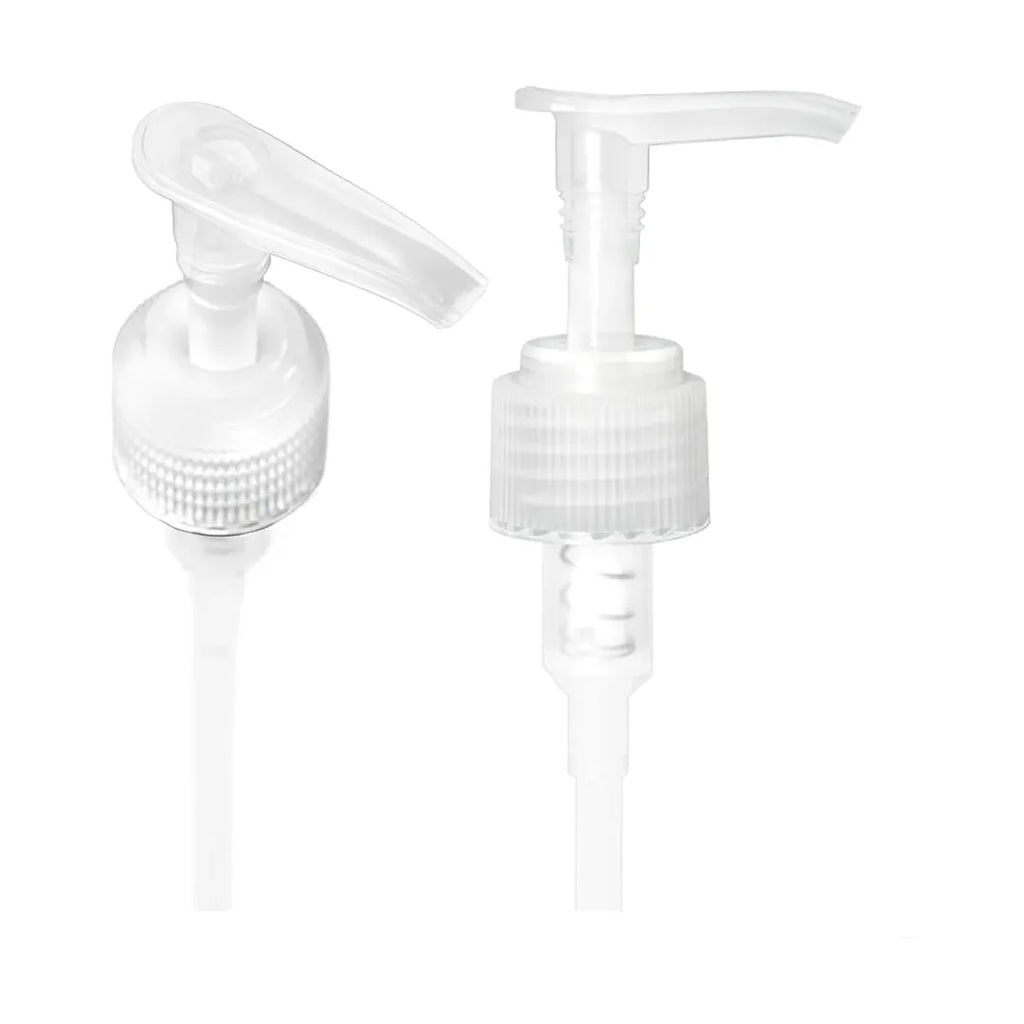 Two types of white plastic dispenser pumps isolated on a white background.