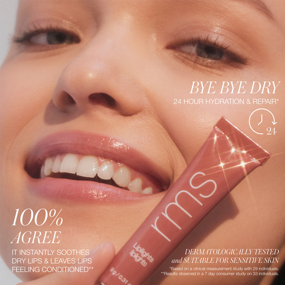 Close-up of a woman's face highlighting her glossy lips, with a lip product showcased and text promoting its hydrating and soothing benefits.