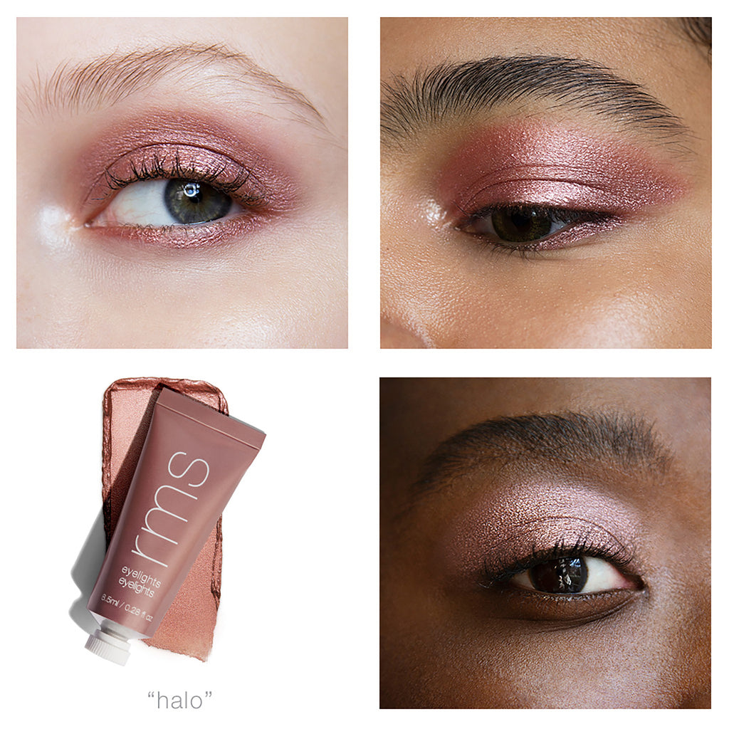 A collage showcasing three different individuals wearing a "halo" shade of eye makeup next to the product tube of the eyeshadow.