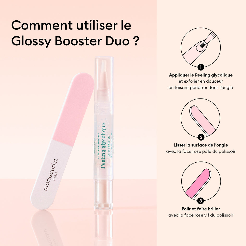 Glossy Booster Duo with instructions on a pink gradient background
