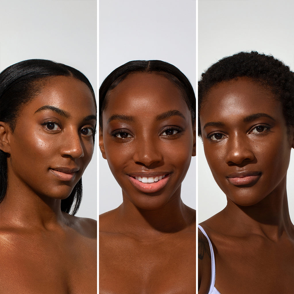 Three different women with varying skin tones and makeup looks side by side.