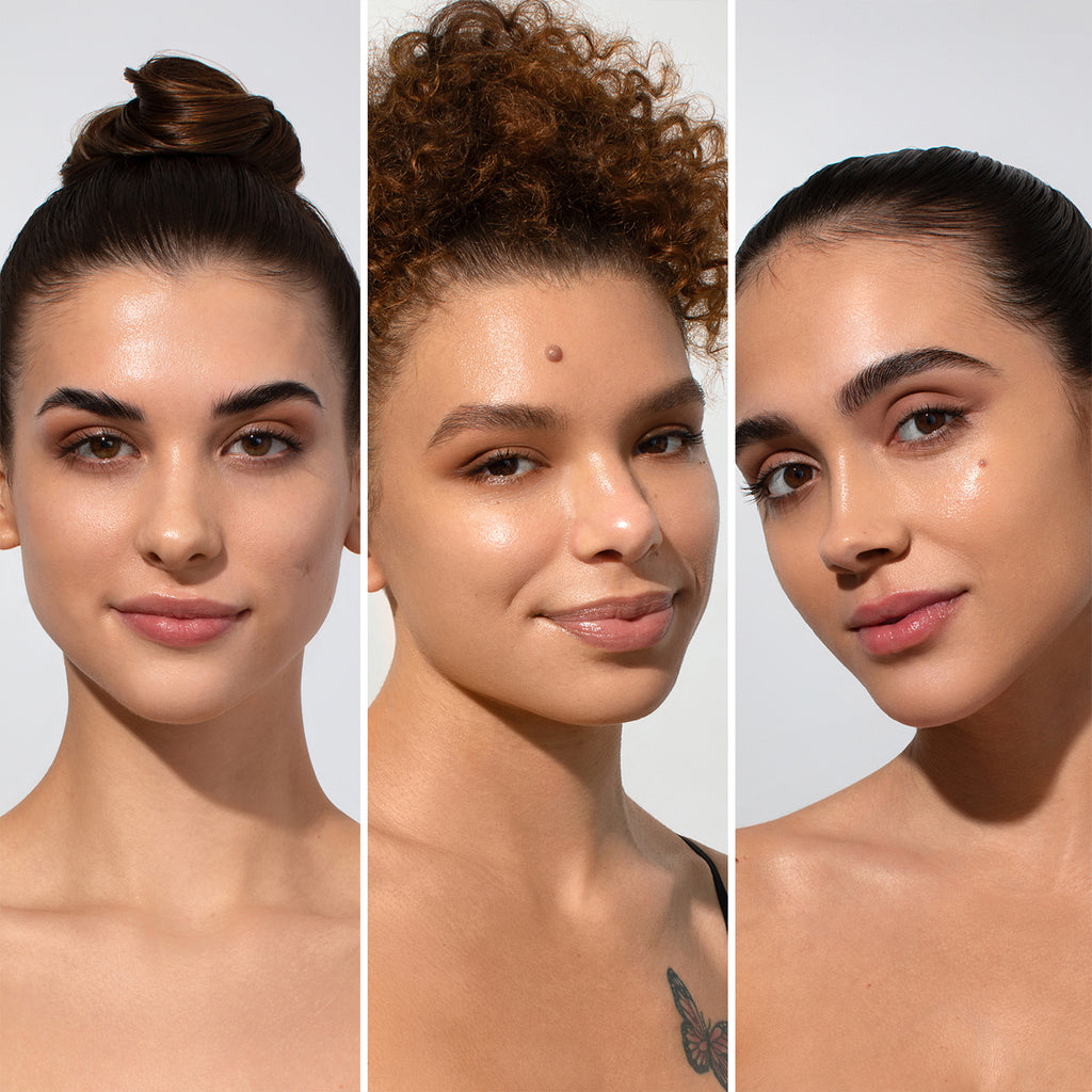 Three women with different skin tones and hairstyles showcasing natural makeup looks.
