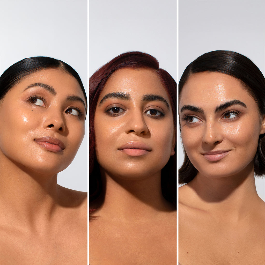 Three women with different skin tones showcasing makeup looks with a focus on highlighting the cheeks and nose.