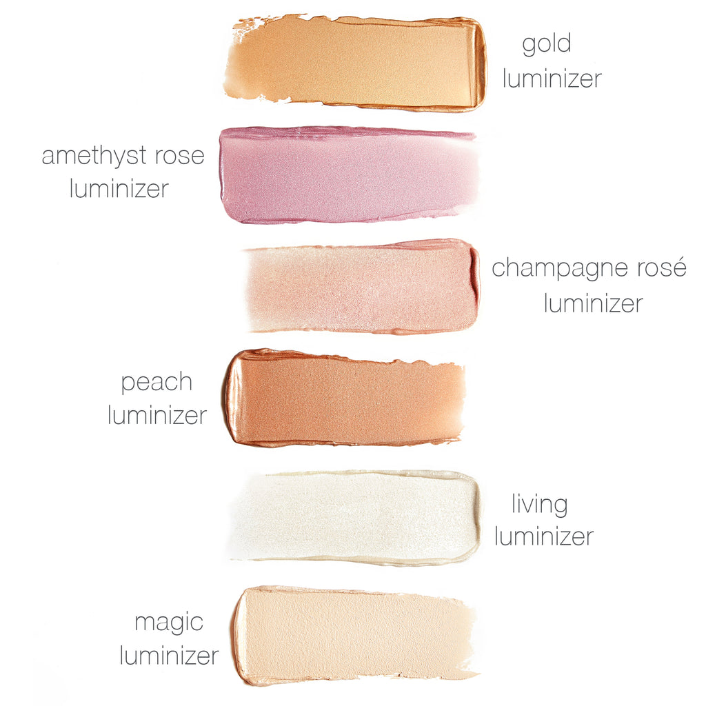 Swatches of various luminizer shades with their names displayed.