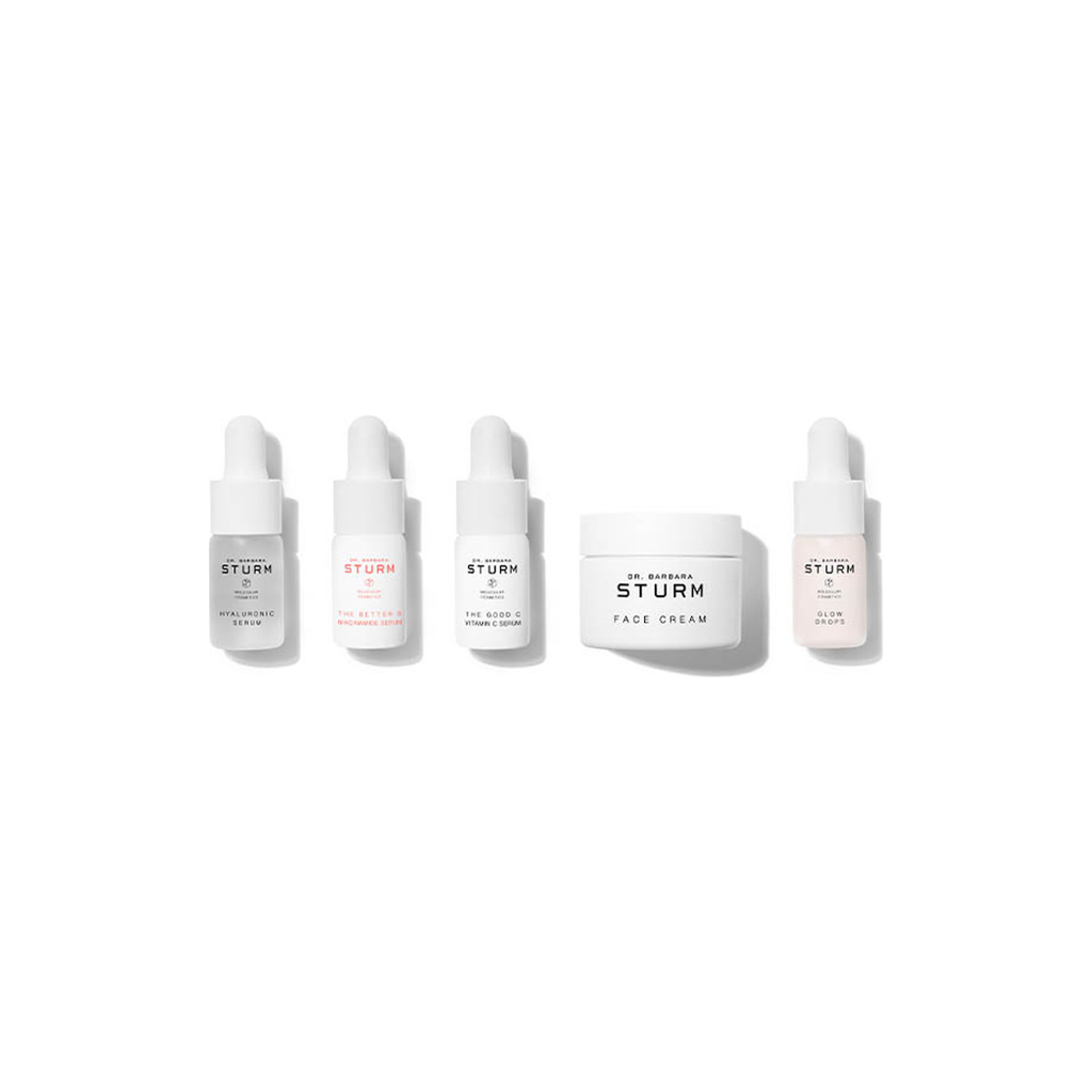 A set of five skincare products with minimalist design, featuring four dropper bottles and one jar, all labeled with the brand 'sturm'.