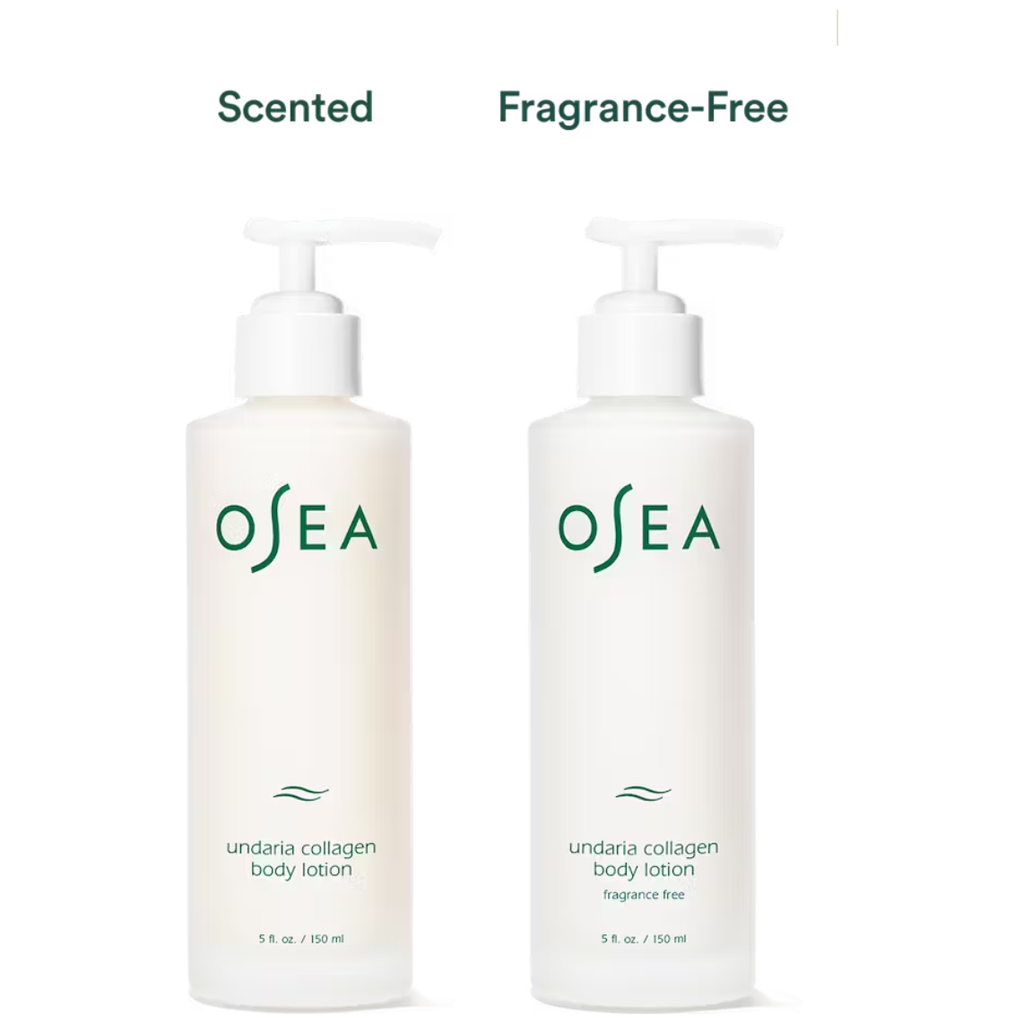 Two bottles of osea body lotion, one scented and one fragrance-free, with pumps, against a white background.
