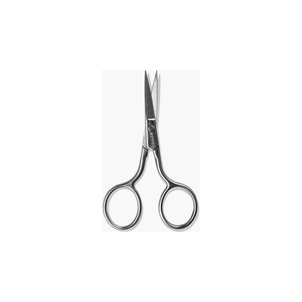 A pair of small, metal scissors with sharp tips and circular handles.