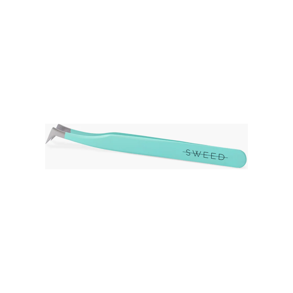 Aqua-colored tweezers with the word "sweed" printed on the side.