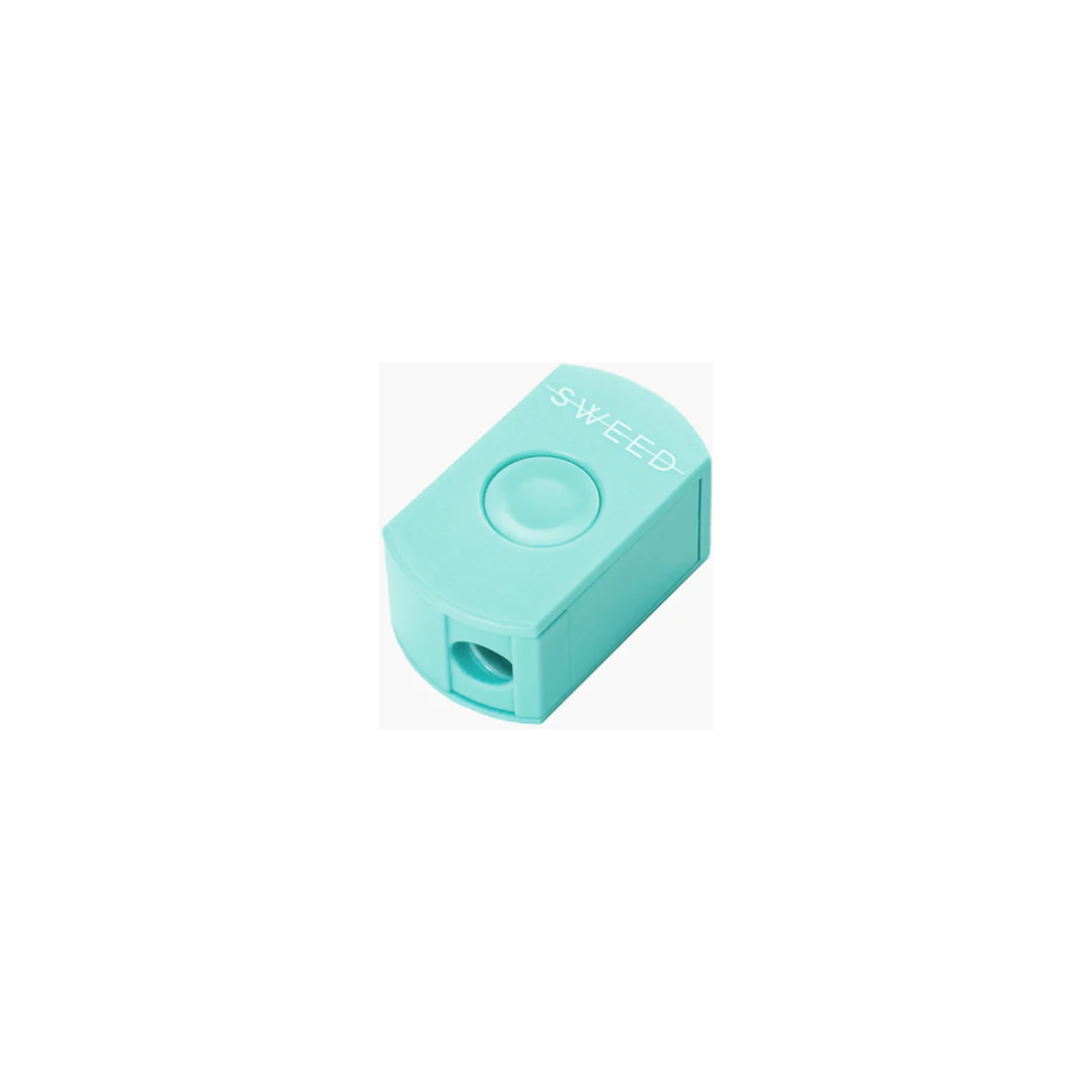 A turquoise asthma inhaler on a white background.