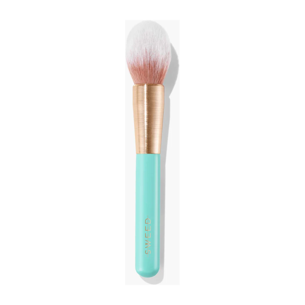 Aqua-handled makeup brush with white and pink bristles on a white background.