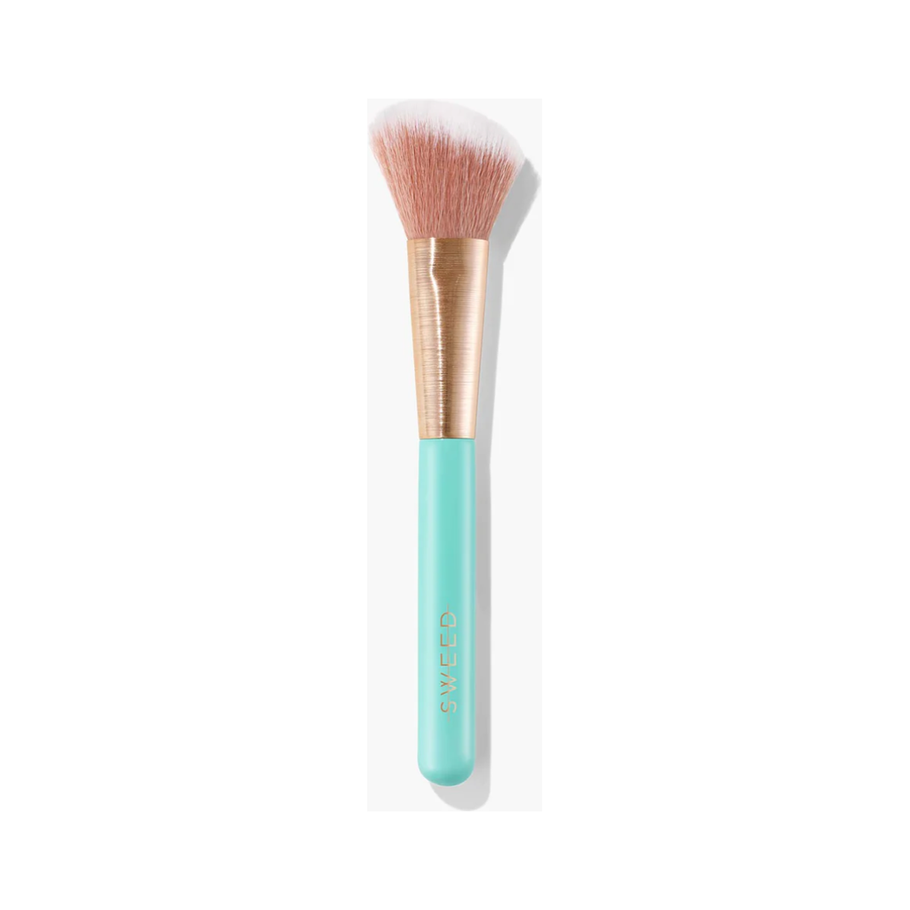 Turquoise-handled makeup brush with soft bristles on a white background.