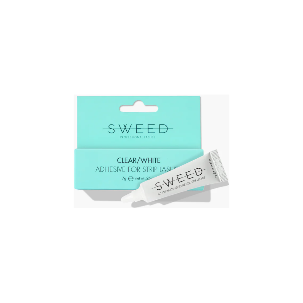 Clear/white eyelash adhesive by sweed in a blue and white packaging.