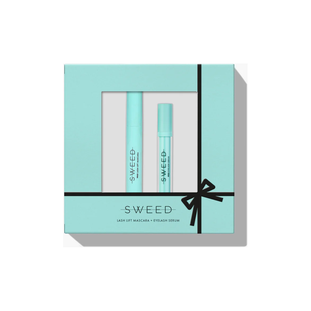 Mascara and eyelash serum set by sweed, packaged in a turquoise box with a black ribbon detail.