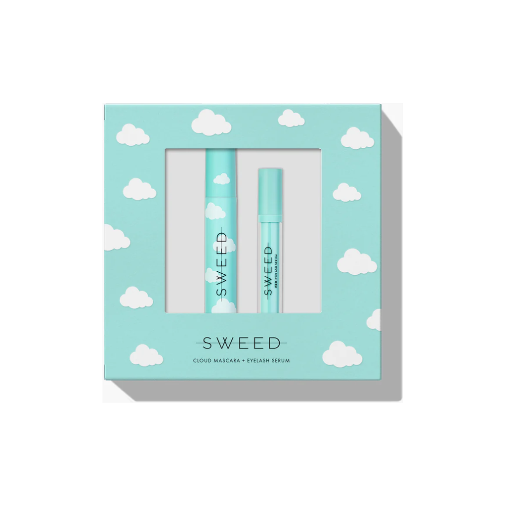 Cosmetic product packaging showcasing sweed cloud mascara and eyelash serum.