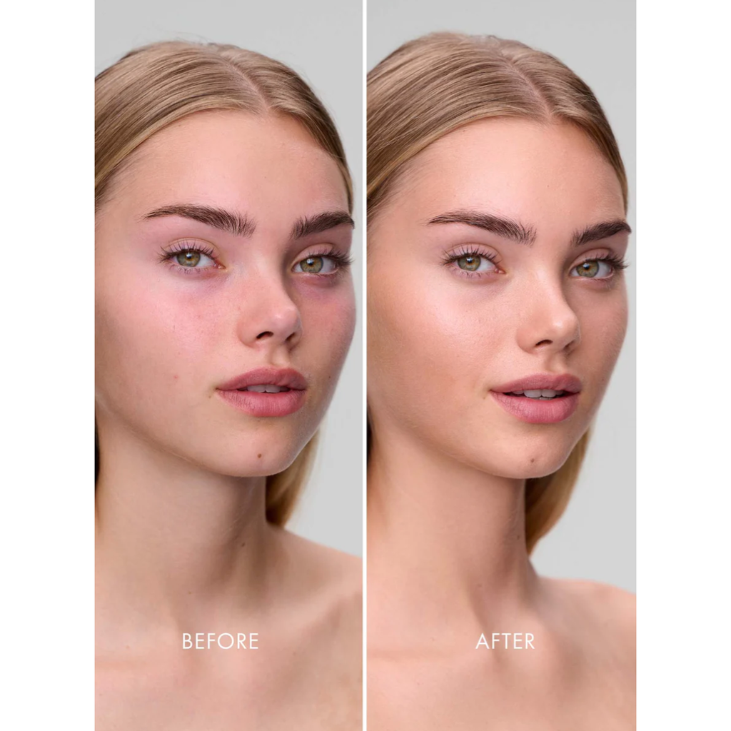 Before and after images of a woman's face demonstrating the effect of skin retouching or makeup application.