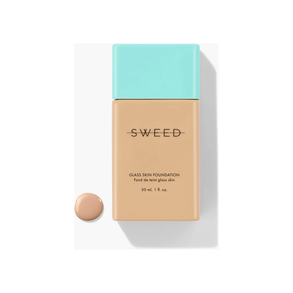 Bottle of sweed glass skin foundation with a beige-colored sample dollop to the side.