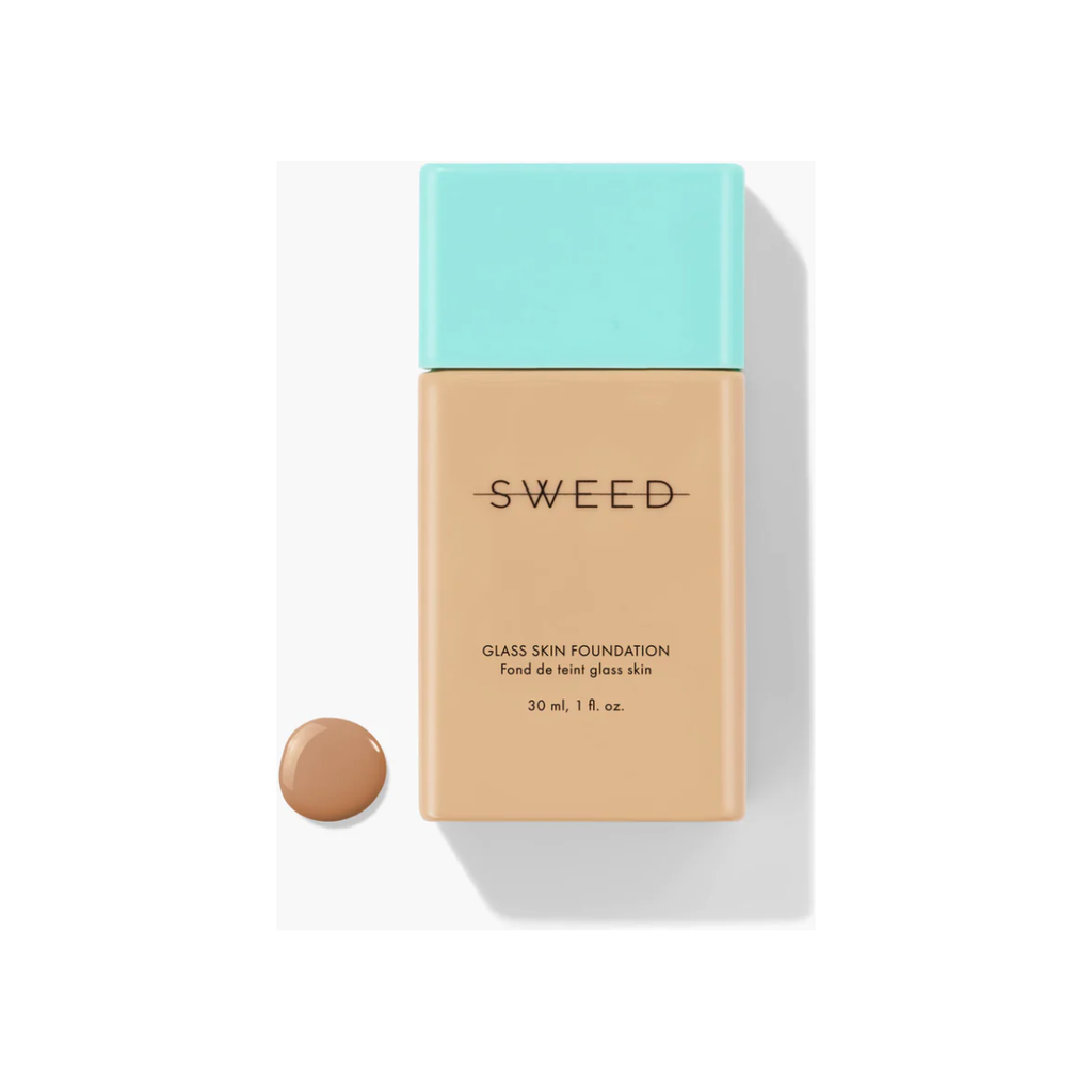 Bottle of sweed liquid foundation with a sample swatch next to it.