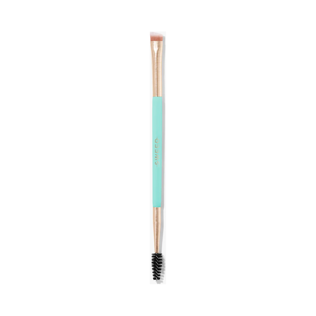 Introducing the Sweed 08 Duo Brow and Liner Brush, a dual-ended makeup brush with a turquoise handle. One end features an angled eyebrow brush with synthetic bristles, while the other end has a spoolie brush for grooming.