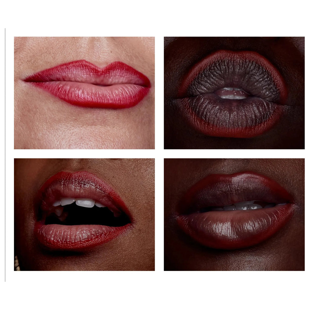 Four close-up images of lips with different shades of lipstick.