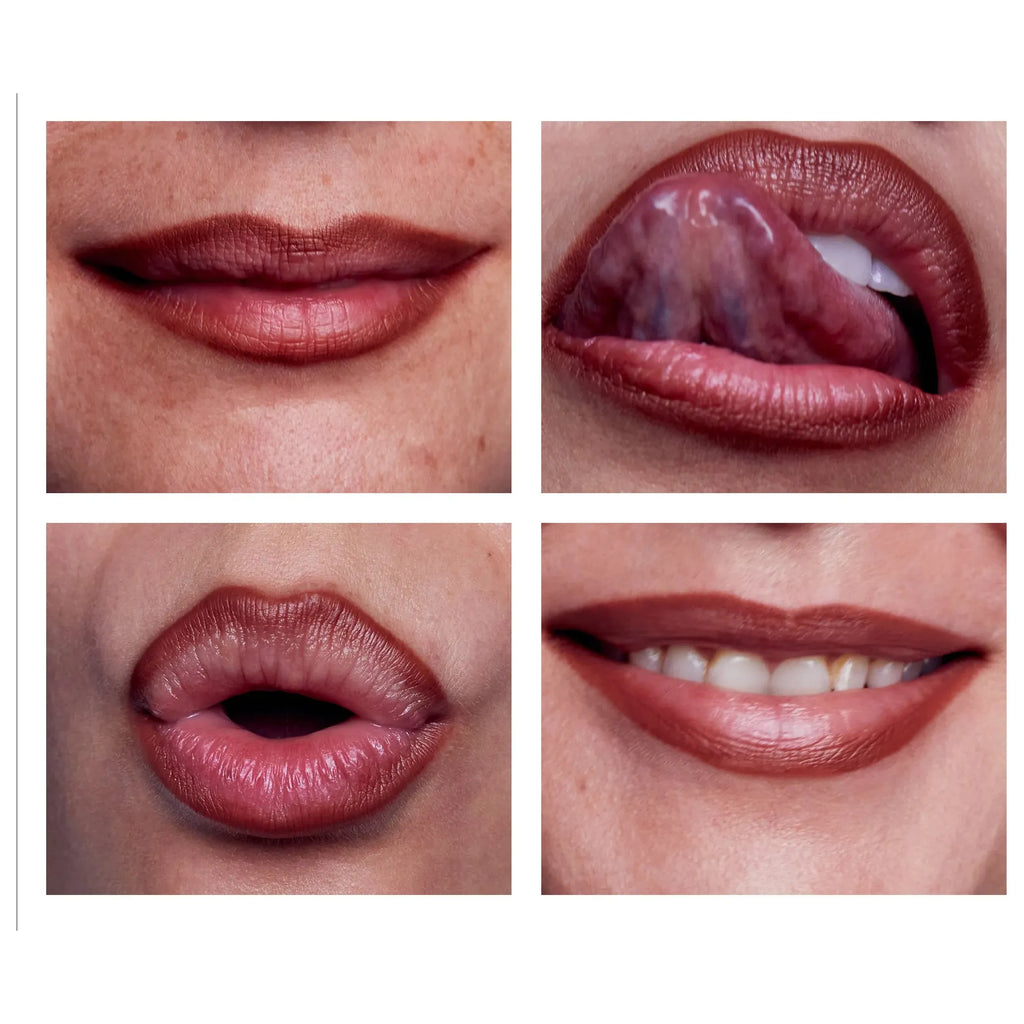 Four close-up views of a person's lips in different positions.