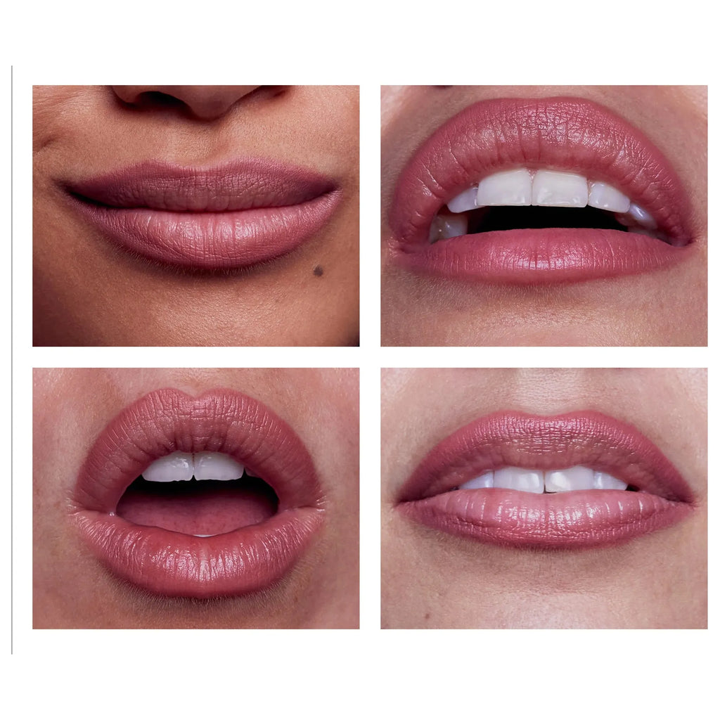Four close-up images showcasing different lip positions or expressions.