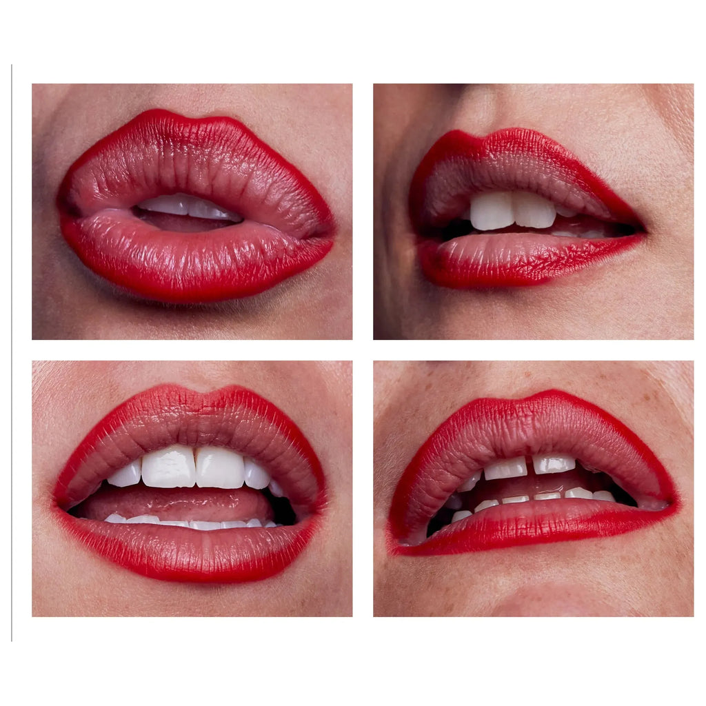 Four close-up views of red-lipsticked lips in different positions: closed, slightly parted, biting lower lip, and open mouth.