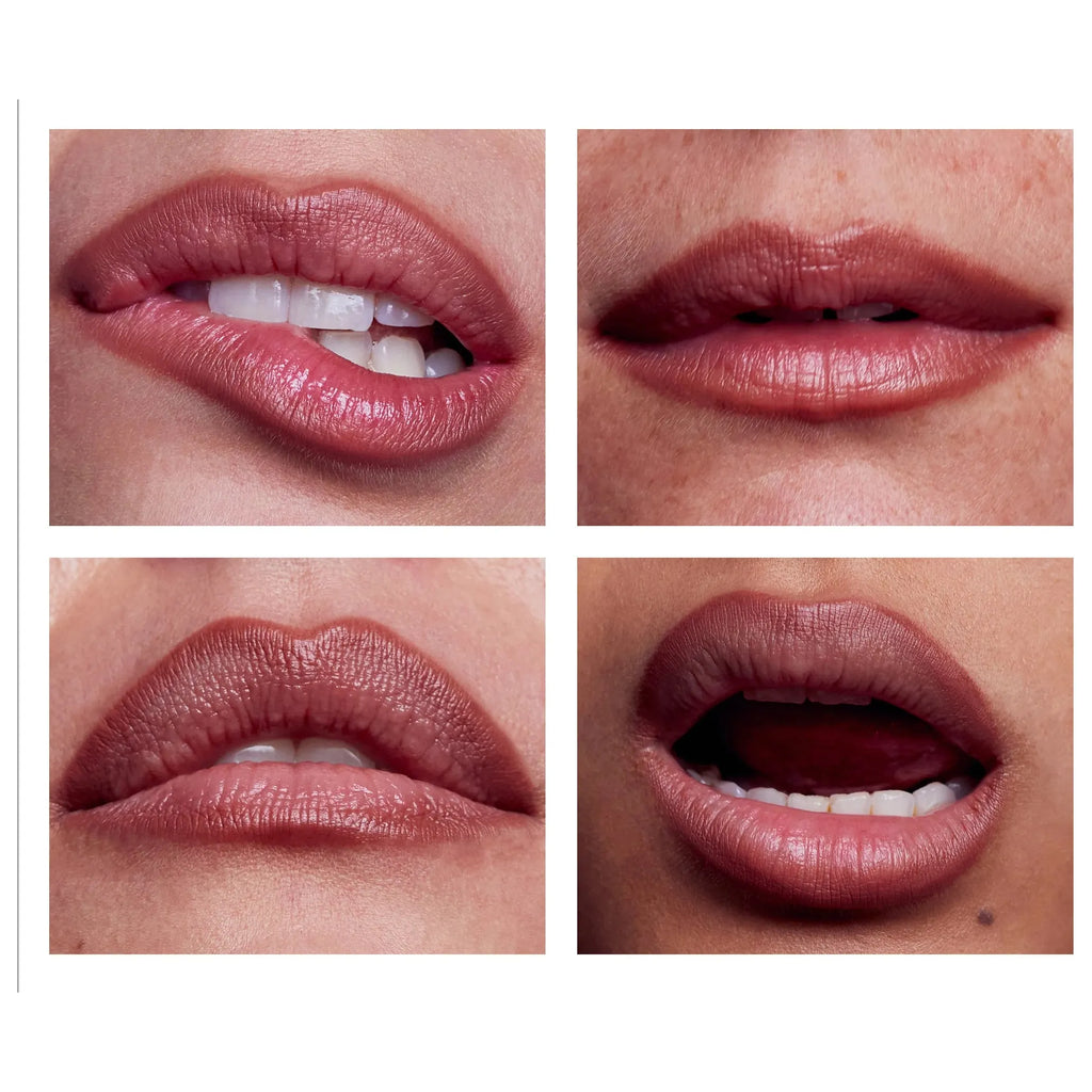 Four close-up images of different lips with similar shades of lipstick.