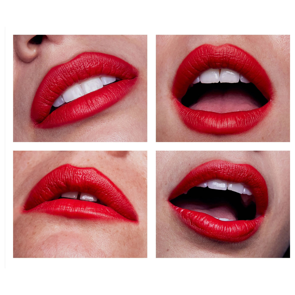 Four close-up views of lips with red lipstick, showing various mouth positions from closed to slightly open.