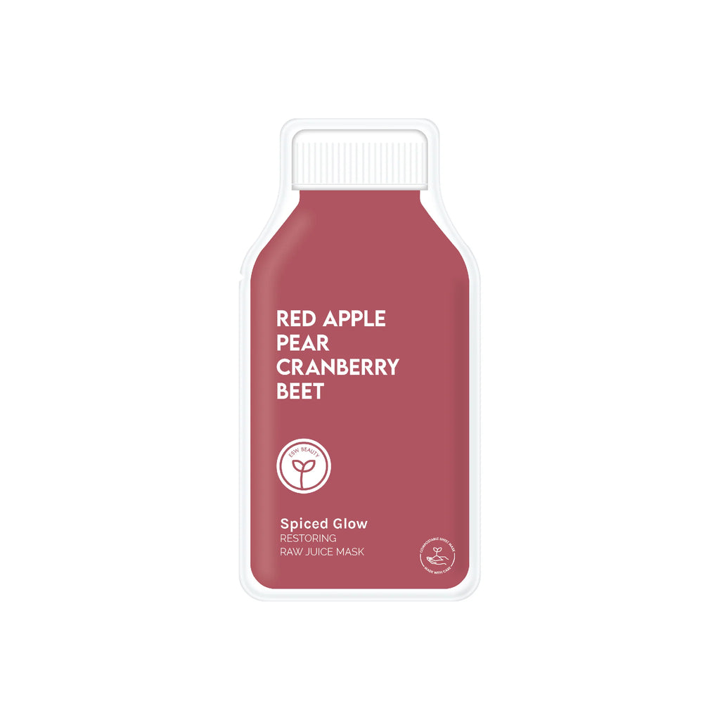 A mockup of a red fruit juice bottle with apple, pear, cranberry, and beet flavor.