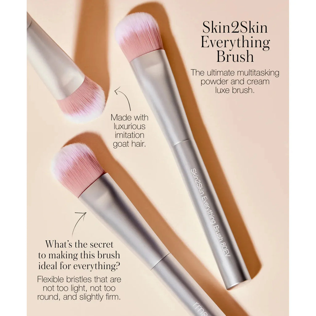A promotional image showcasing two makeup brushes with a focus on their luxurious imitation goat hair bristles and versatile design.