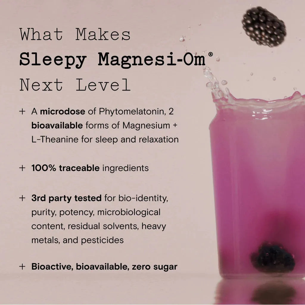 Advert for a sleep supplement containing natural ingredients and magnesium, with claims of traceability and purity, presented alongside a suspended capsule over a pink liquid.