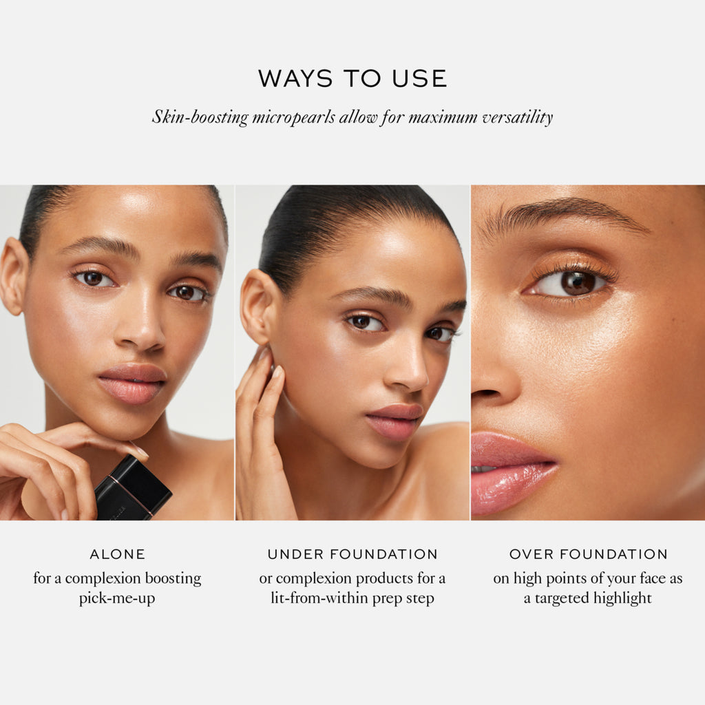 Three application methods demonstrated for a complexion-boosting skincare product: alone, under foundation, and over foundation.