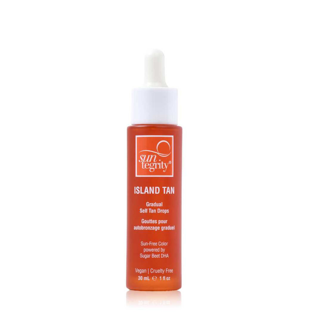 A bottle of suntegrity island tan gradual self-tanner with a white dropper lid on a white background.