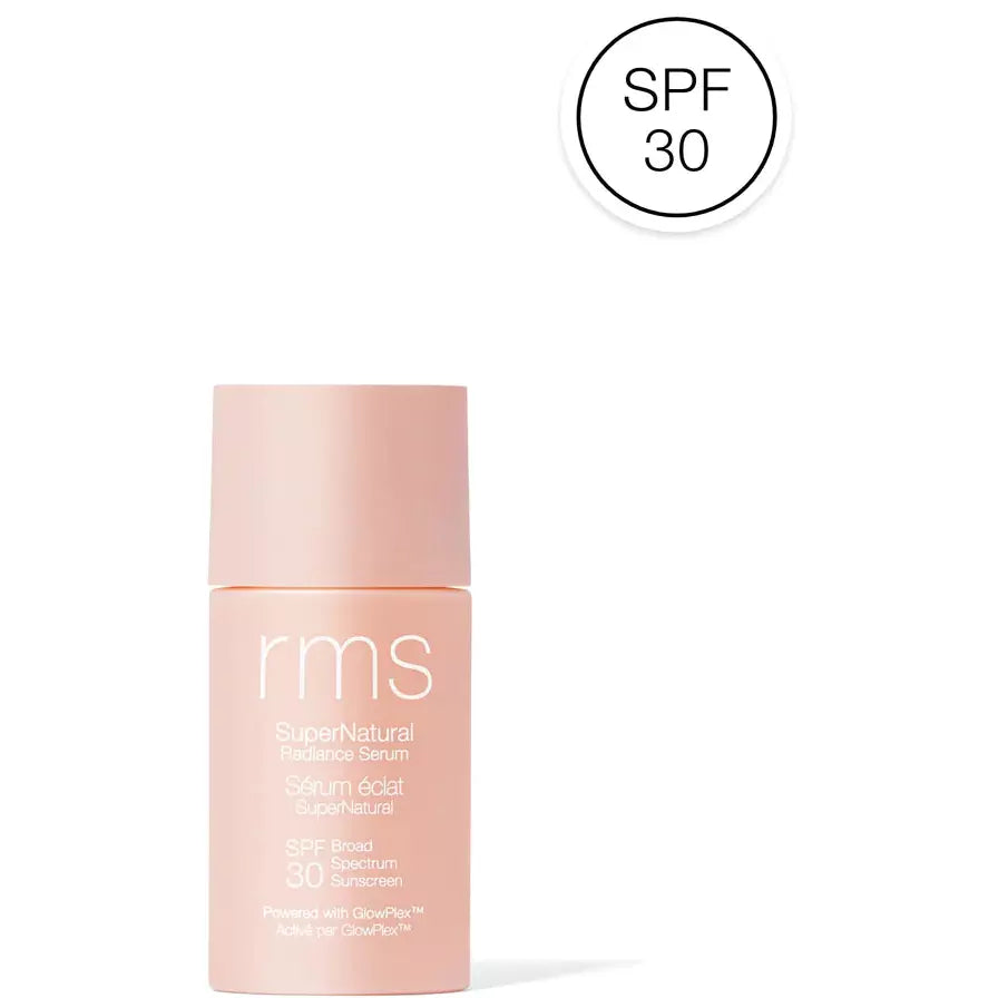 A bottle of rms supernatural radiance serum with spf 30 sun protection.