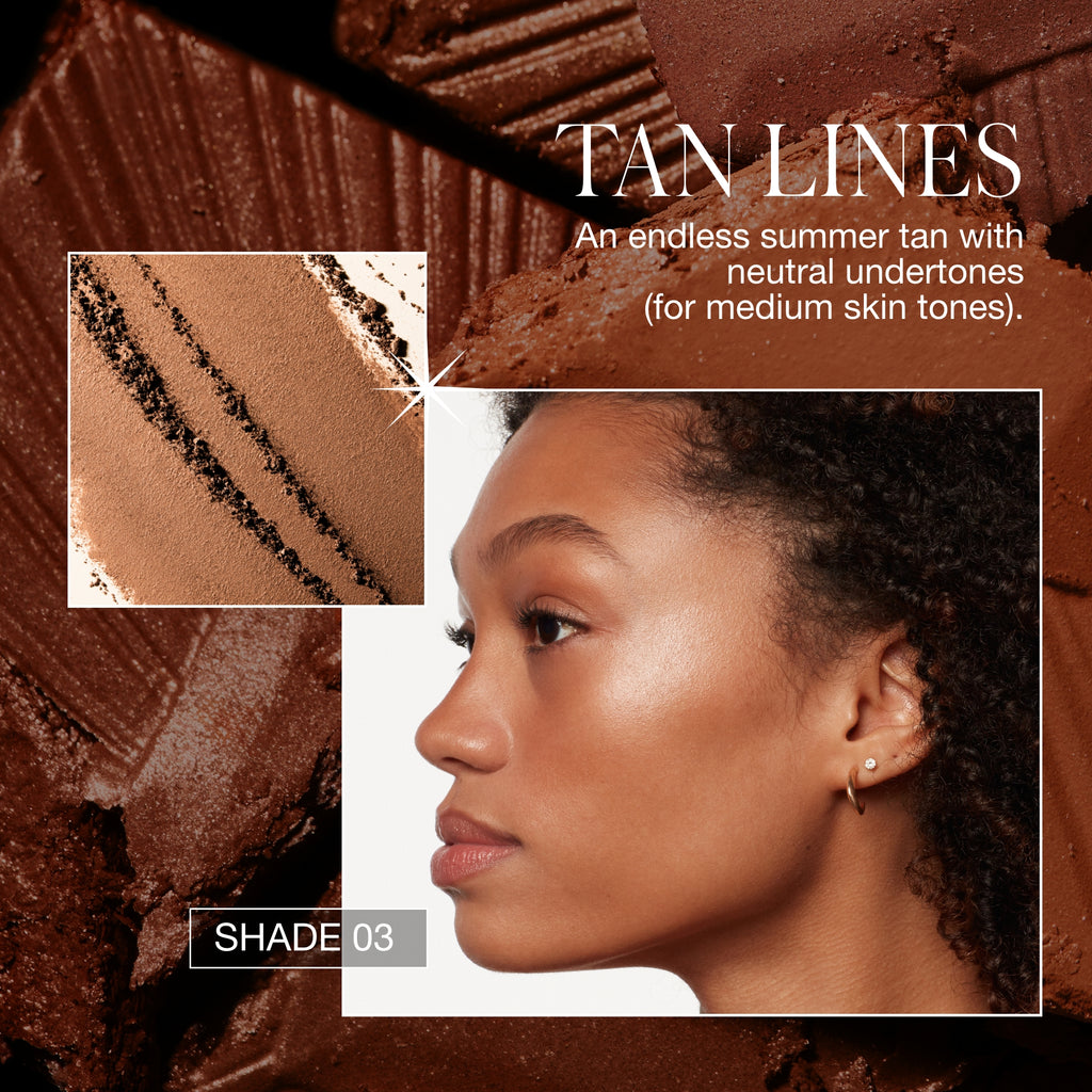 Close-up view of a cosmetic product with swatches and an image of a woman showcasing a makeup look, highlighting a bronzer called "tan lines" in shade 03 for medium skin tones.
