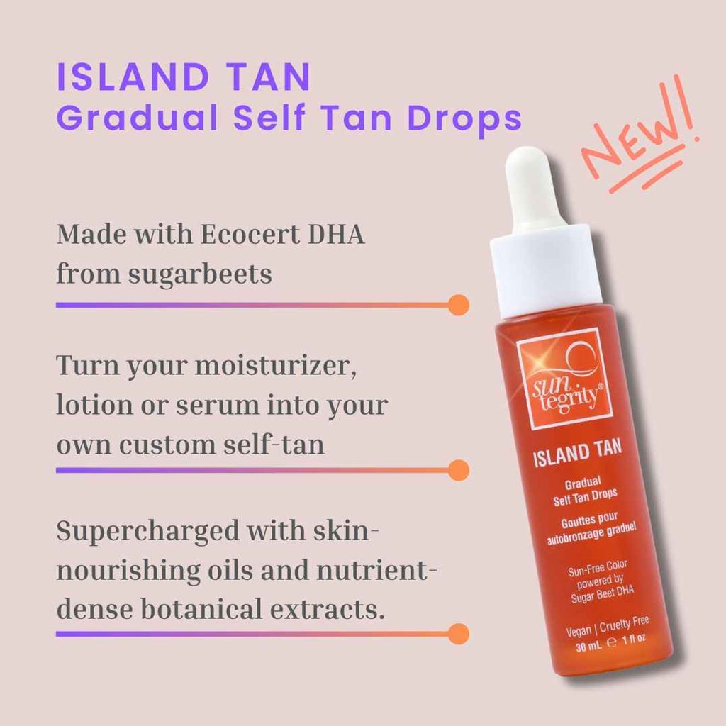 Product advertisement for "island tan gradual self tan drops" claiming to turn moisturizer, lotion, or serum into a custom self-tan with a vegan, cruelty-free formula.