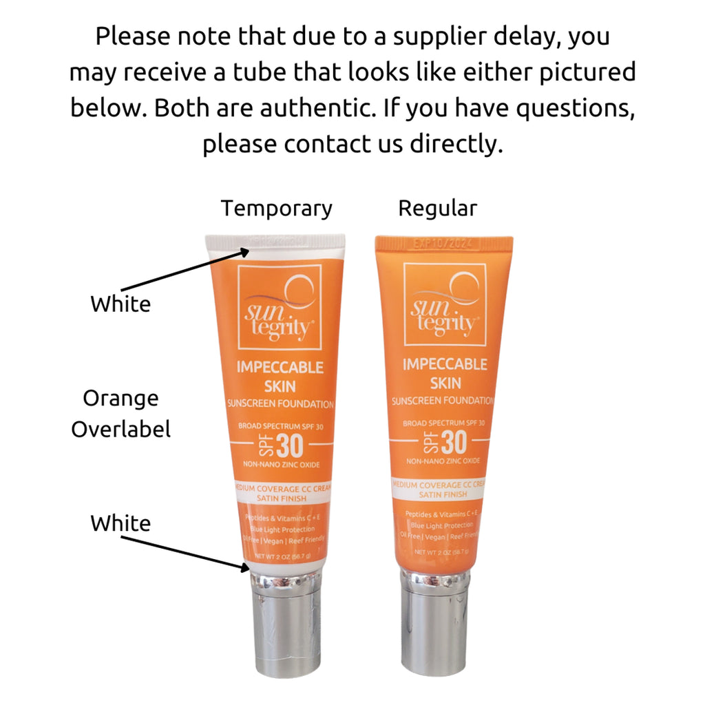 Comparison of two sunscreen tubes highlighting a label difference, with a notice regarding possible variations customers may receive.